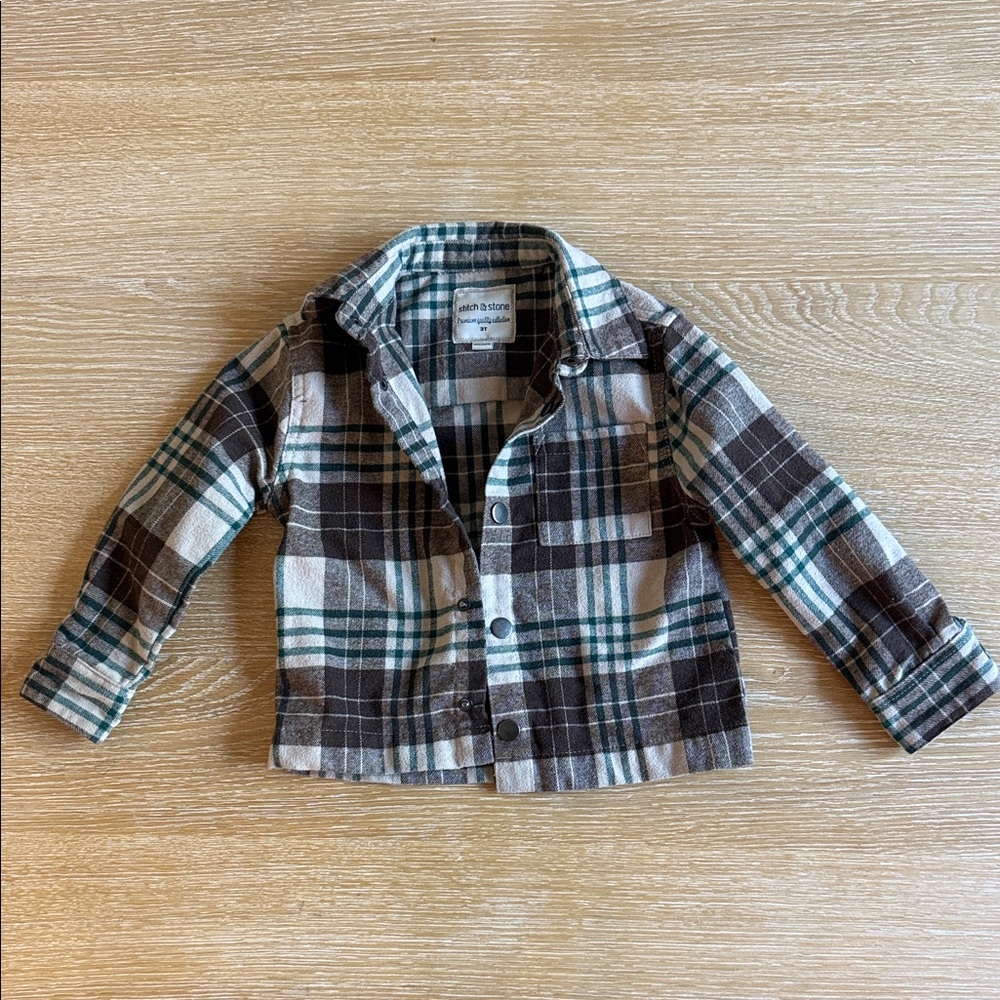 NWOT Stitch & Stone 3T Plaid Button-Up Shirt - Brown, Beige & Green